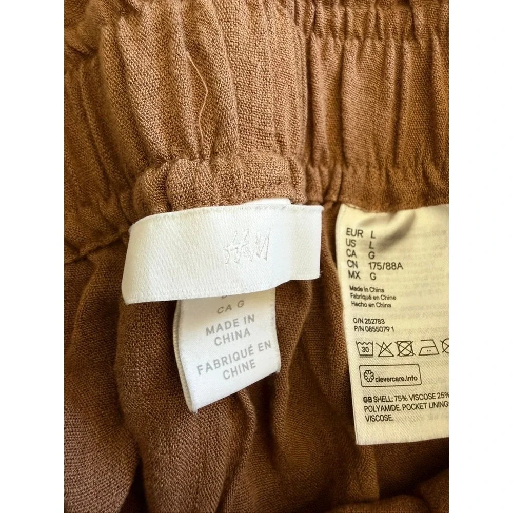 HM Womens Terracotta Brown Wide Leg Paperbag Waist Pants Large L Linen Look